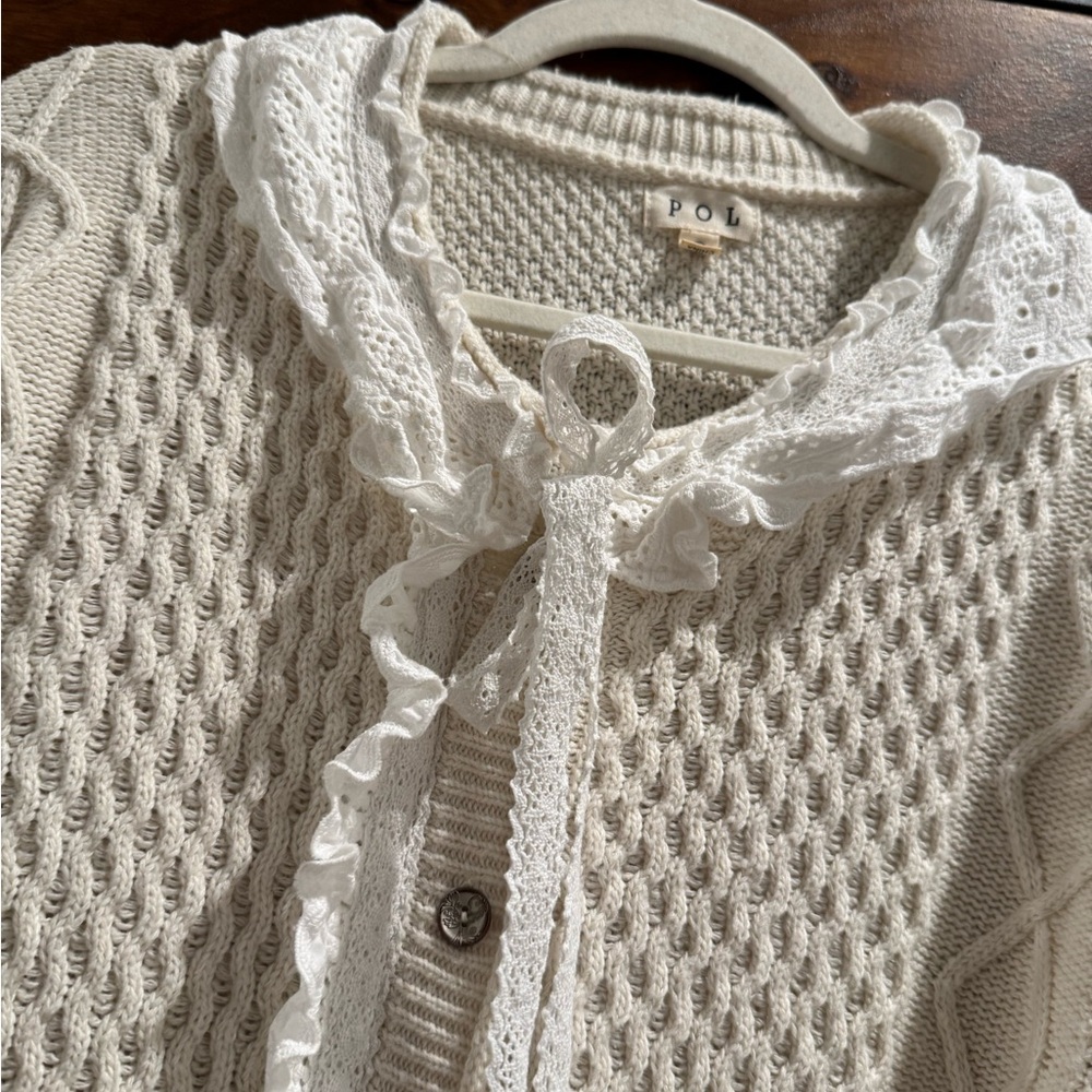 POL Cream Knit Cardigan with Lace Trim - Picture 4 of 8